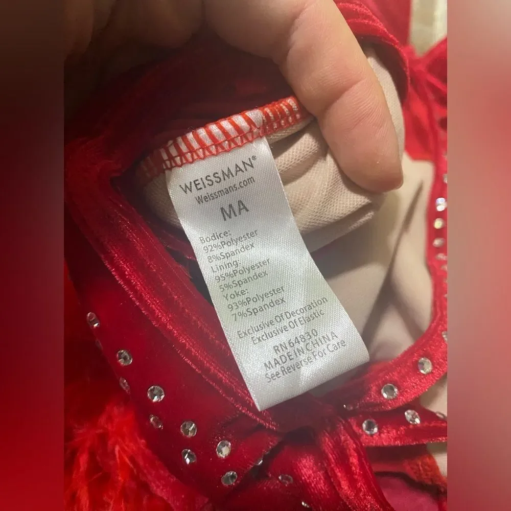 WEISSMAN solo Dance Costume red Crystal feather Leotard stoned velvet 15752 MA